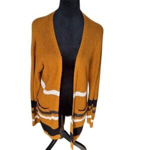 Misia NWOT Brown Striped Knit Tunic Length Open Cardigan Pockets Large
